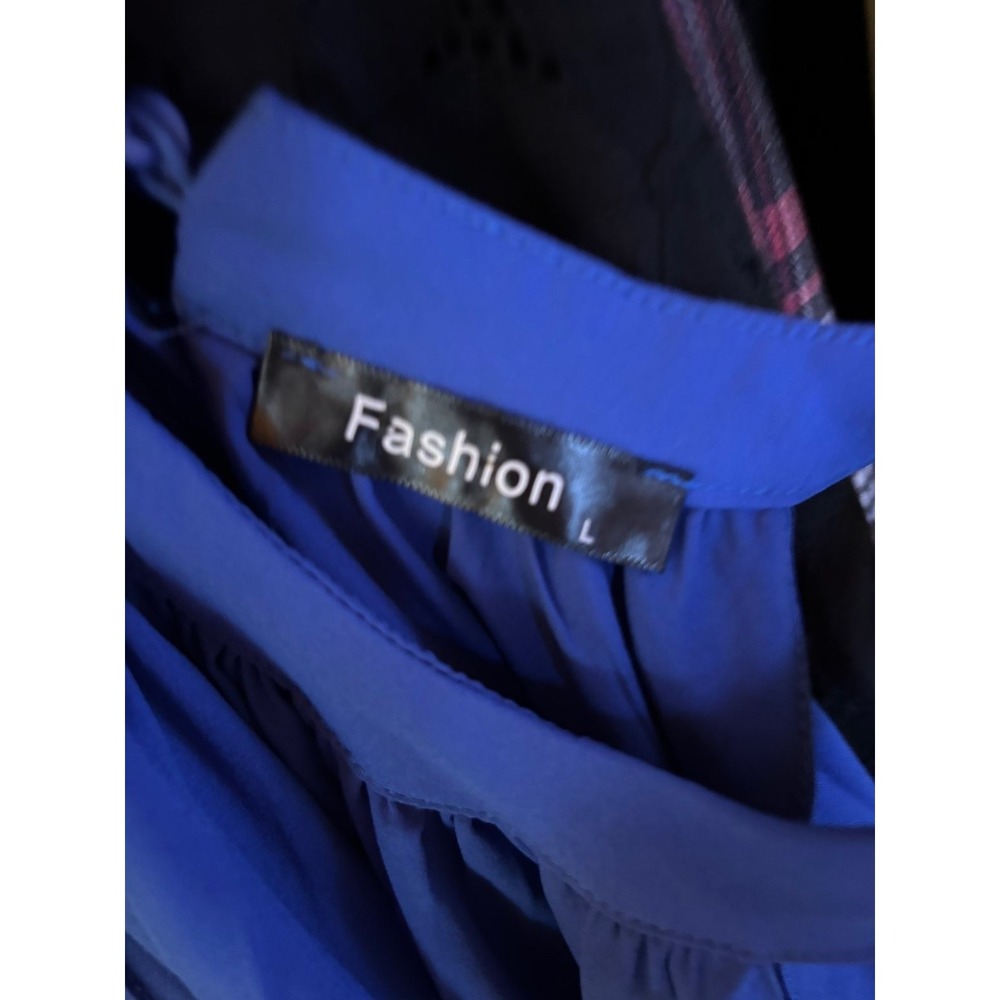 300. Royal Blue Pleated Halter Trapeze Dress Women Large Cocktail Midi Flowy - Picture 4 of 4
